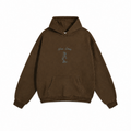 A dark brown pullover hoodie with a small light blue graphic on the chest reading 'Nine Lines' and an illustration, displayed flat against a solid white background.