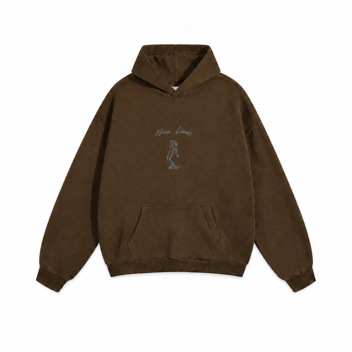 A dark brown pullover hoodie with a small light blue graphic on the chest reading 'Nine Lines' and an illustration, displayed flat against a solid white background.