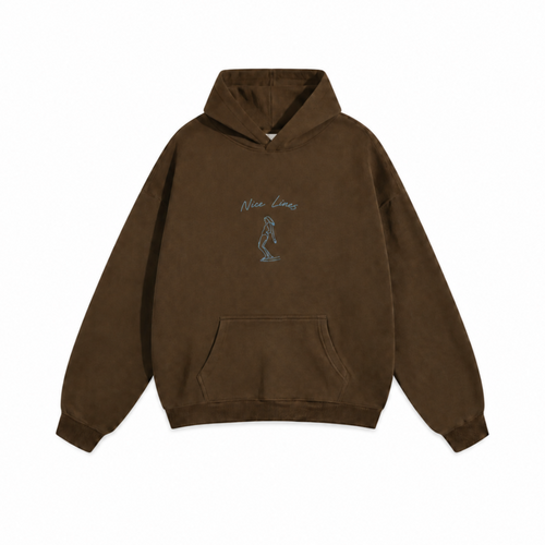 A dark brown pullover hoodie with a small light blue graphic on the chest reading 'Nine Lines' and an illustration, displayed flat against a solid white background.